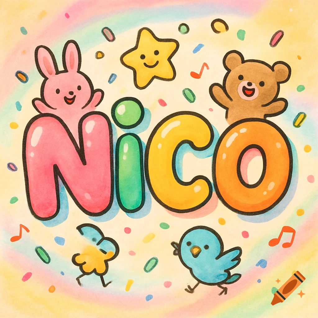 Colorful cartoon illustration of the name NICO in bubble letters with a bunny, bear, bird, and star on a rainbow background.