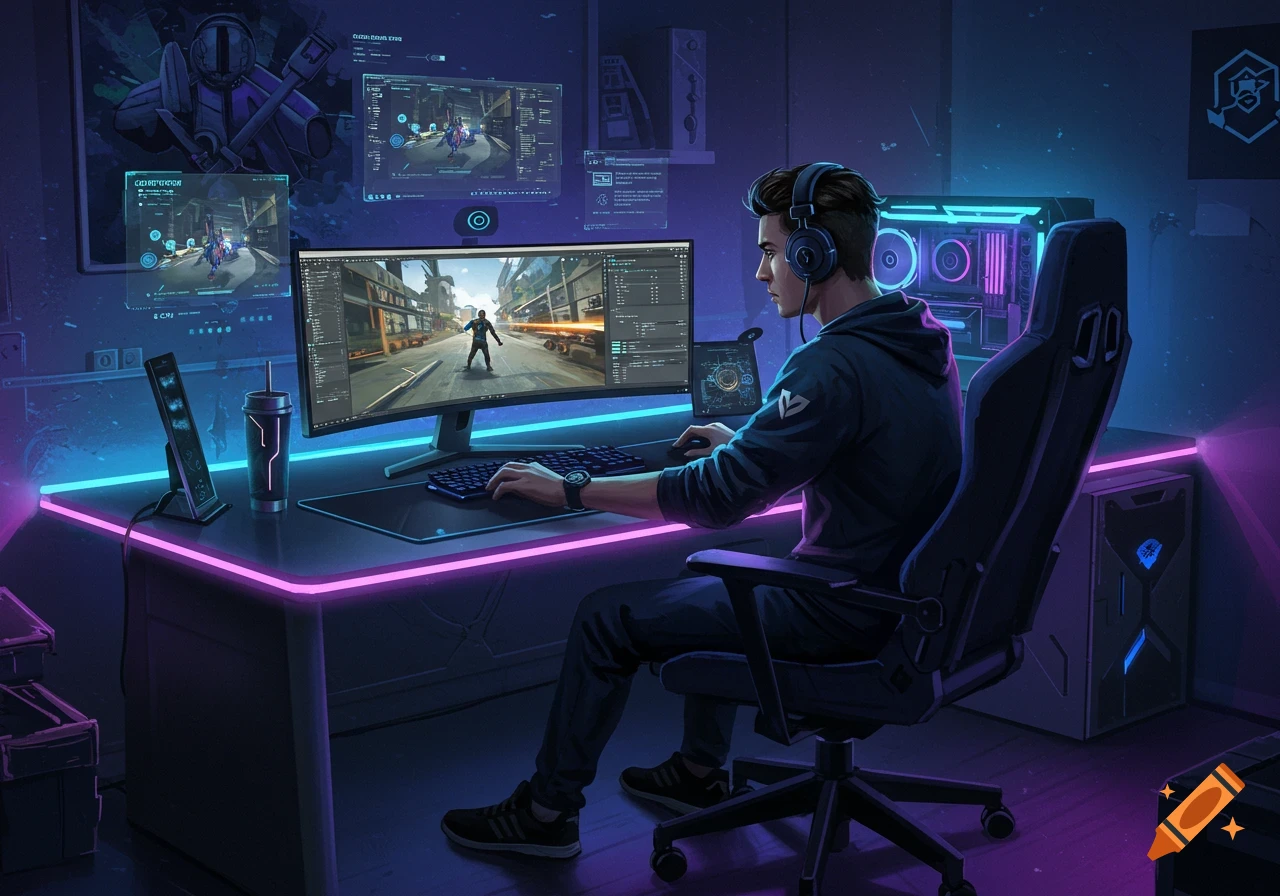 A young man with headphones plays a video game at a glowing neon-lit desk with multiple monitors in a dark room.