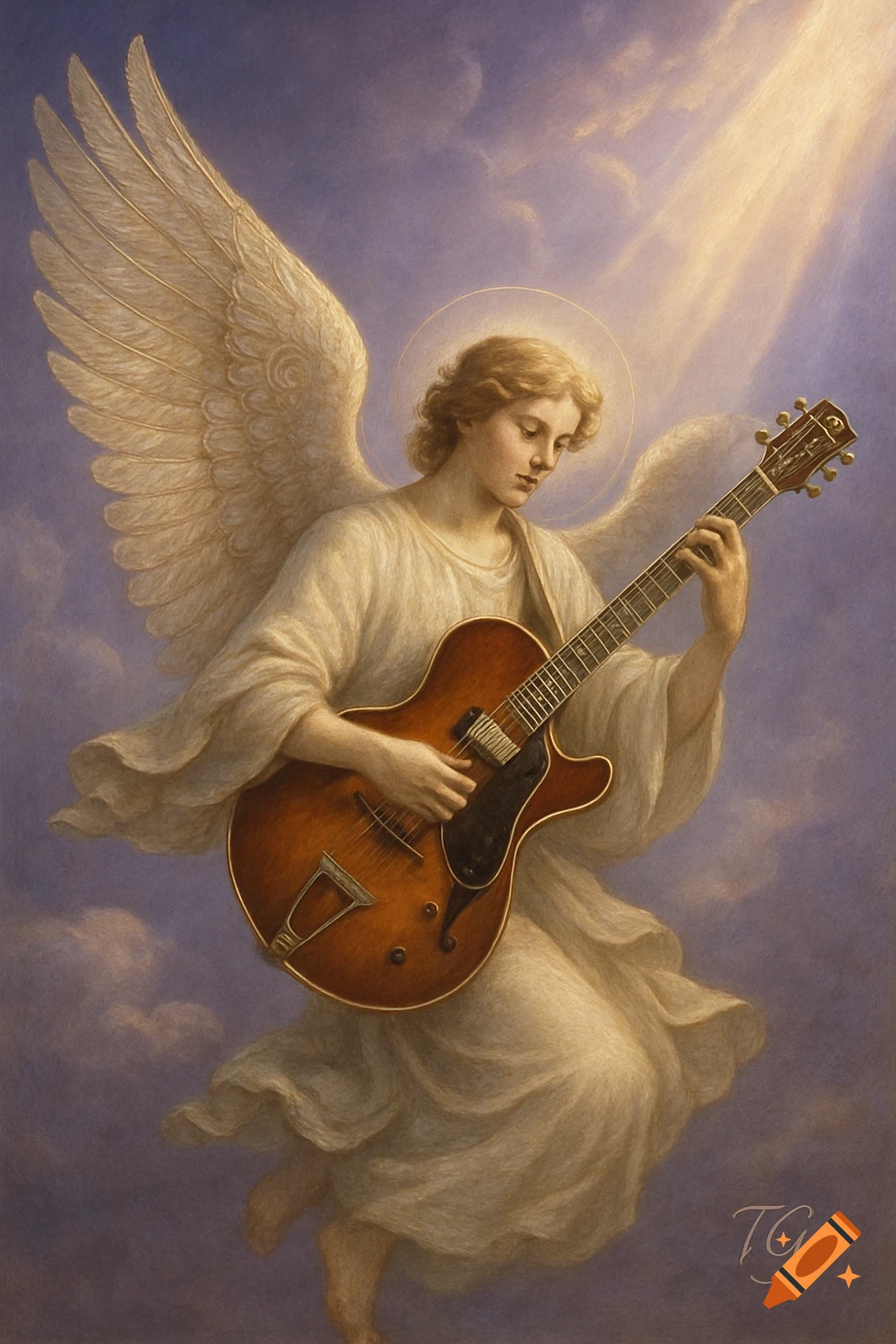 An angel with large wings and a halo plays a brown guitar, floating among clouds in a beam of light, in a classical painting style.