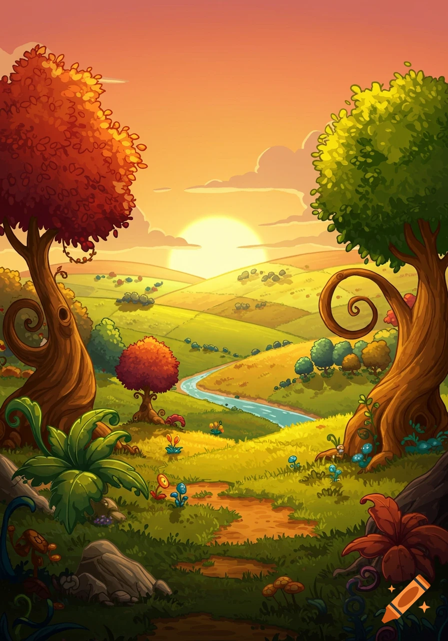 Vibrant cartoon fantasy landscape at sunset with rolling green and yellow hills, a winding blue river, stylized trees, and a dirt path.
