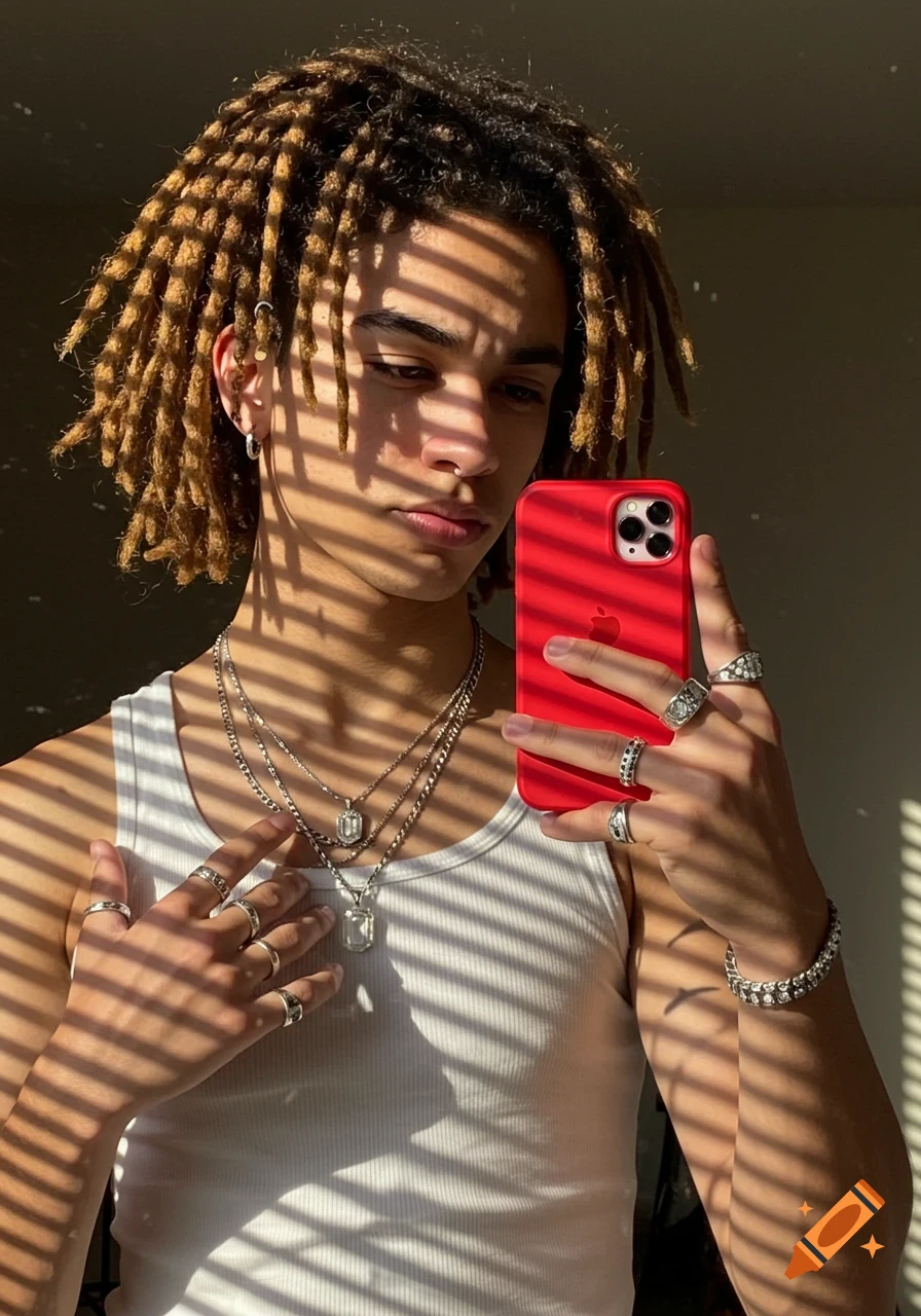 A young man with dreadlocks takes a mirror selfie, striped shadows on his face and body, wearing a white tank top, silver jewelry, and holding a red iPhone.