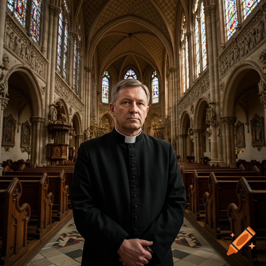 A stern middle-aged Catholic priest stands in a grand, ornate church with stained glass windows.