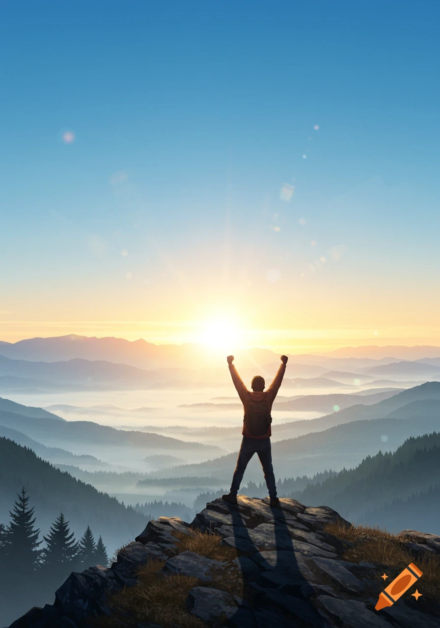 Person on a mountain peak with arms raised, facing a vibrant sunrise over misty valleys. Photorealistic style.