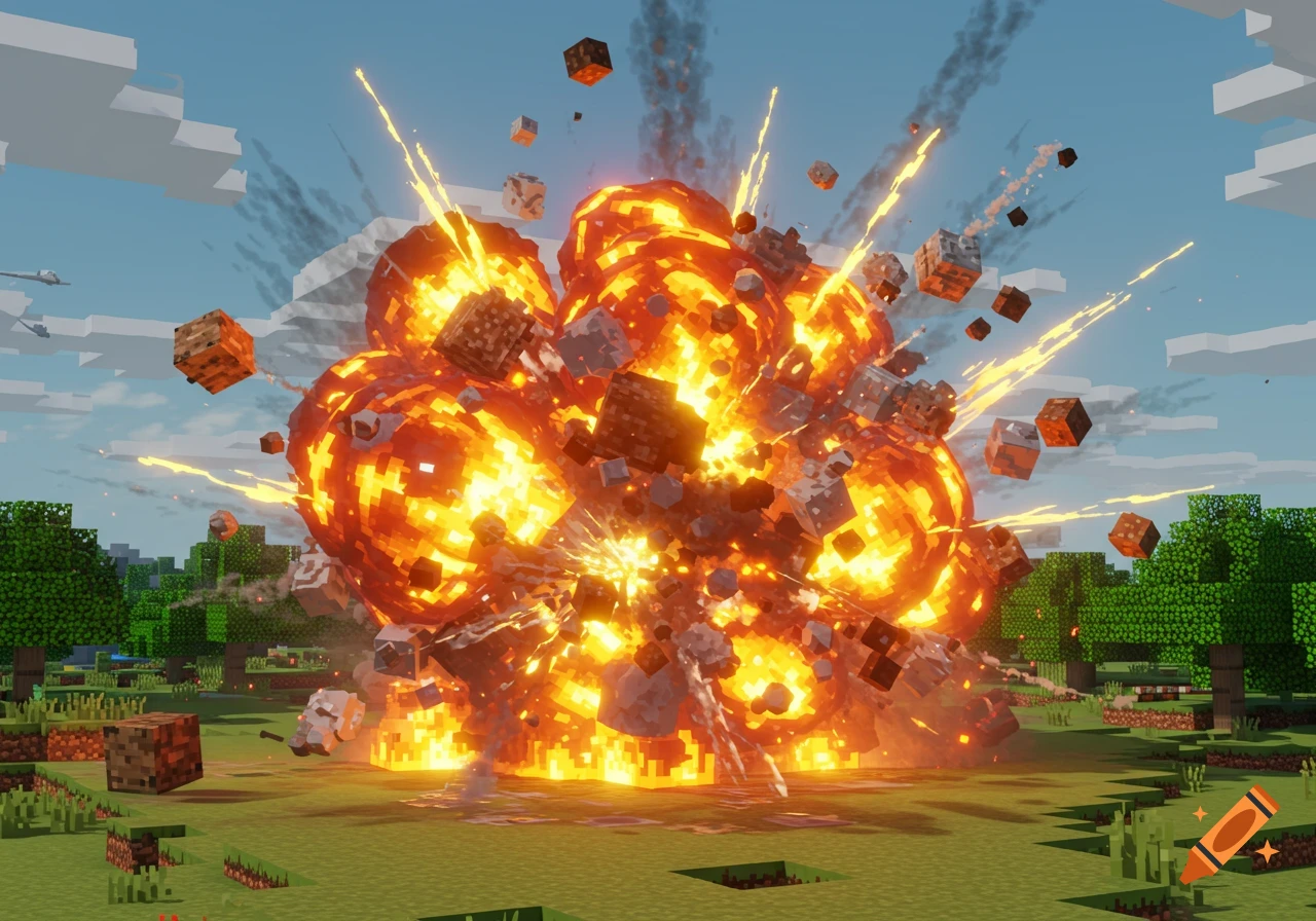 A large, fiery explosion with flying debris in a pixelated, blocky Minecraft-style landscape.
