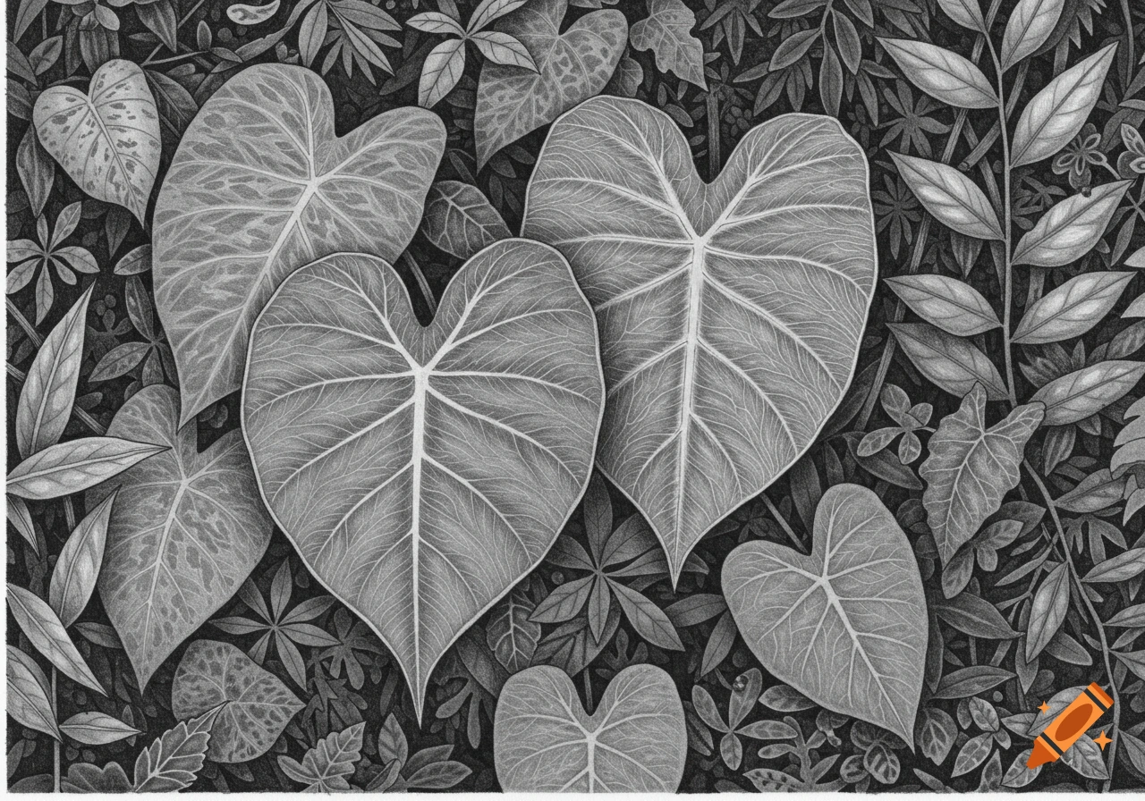 A detailed black and white drawing of various tropical leaves, including large heart-shaped ones, overlapping in a dense botanical pattern.