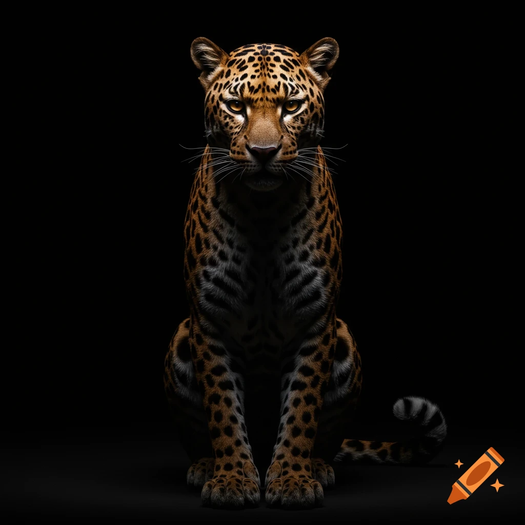 A detailed photorealistic portrait of a leopard sitting upright in a dark void, with its eyes glowing.