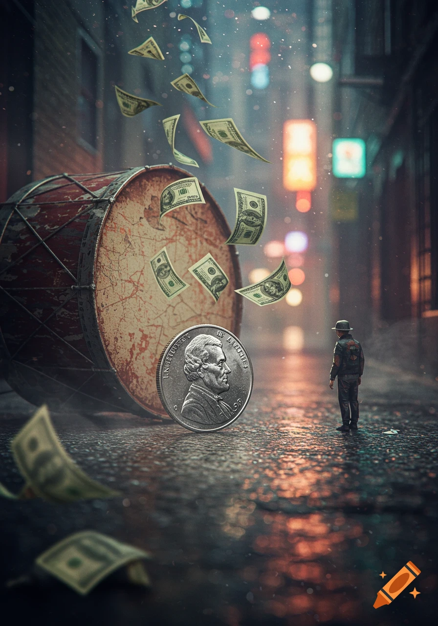 A large nickel coin and drum in a wet, dark urban alley with money falling, as a tiny man looks on.