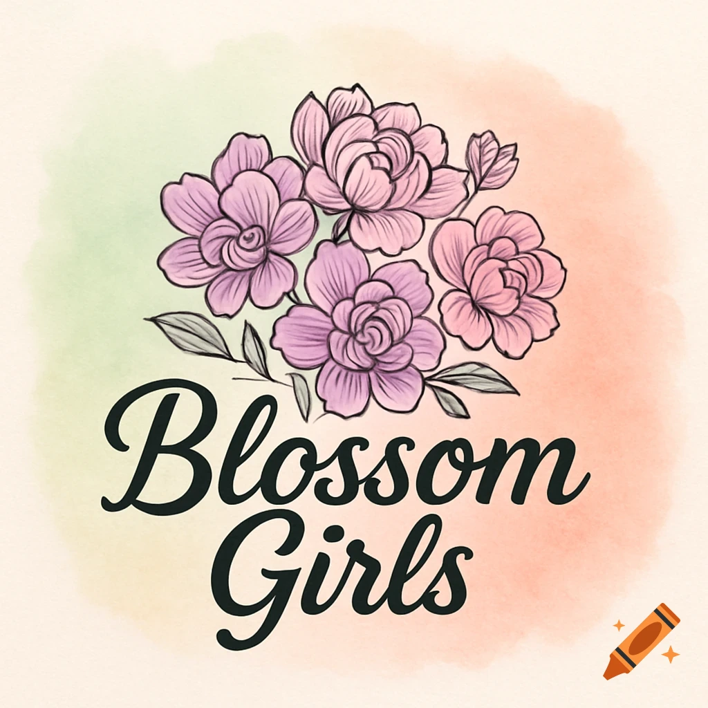 A logo with purple and pink flowers and green leaves over a watercolor background. Below the flowers is the text 'Blossom Girls' in script font.