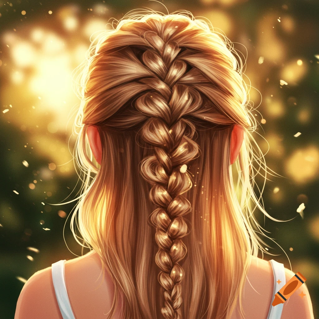 A close-up, back view of a girl with long, golden-brown hair styled in an intricate braid, illuminated by a warm, sunny glow in a digital art style.