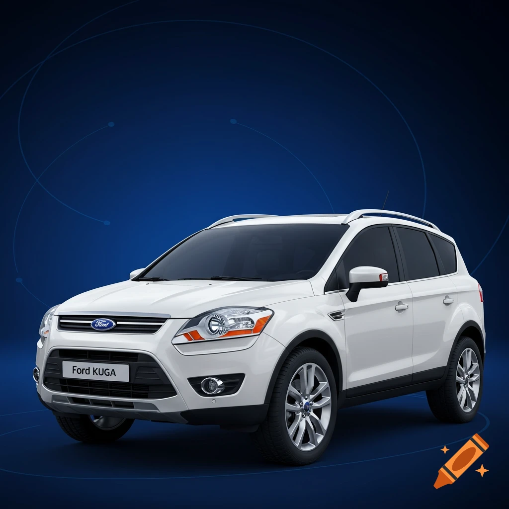 A white Ford Kuga SUV from 2011 parked against a blue background with subtle circular lines.