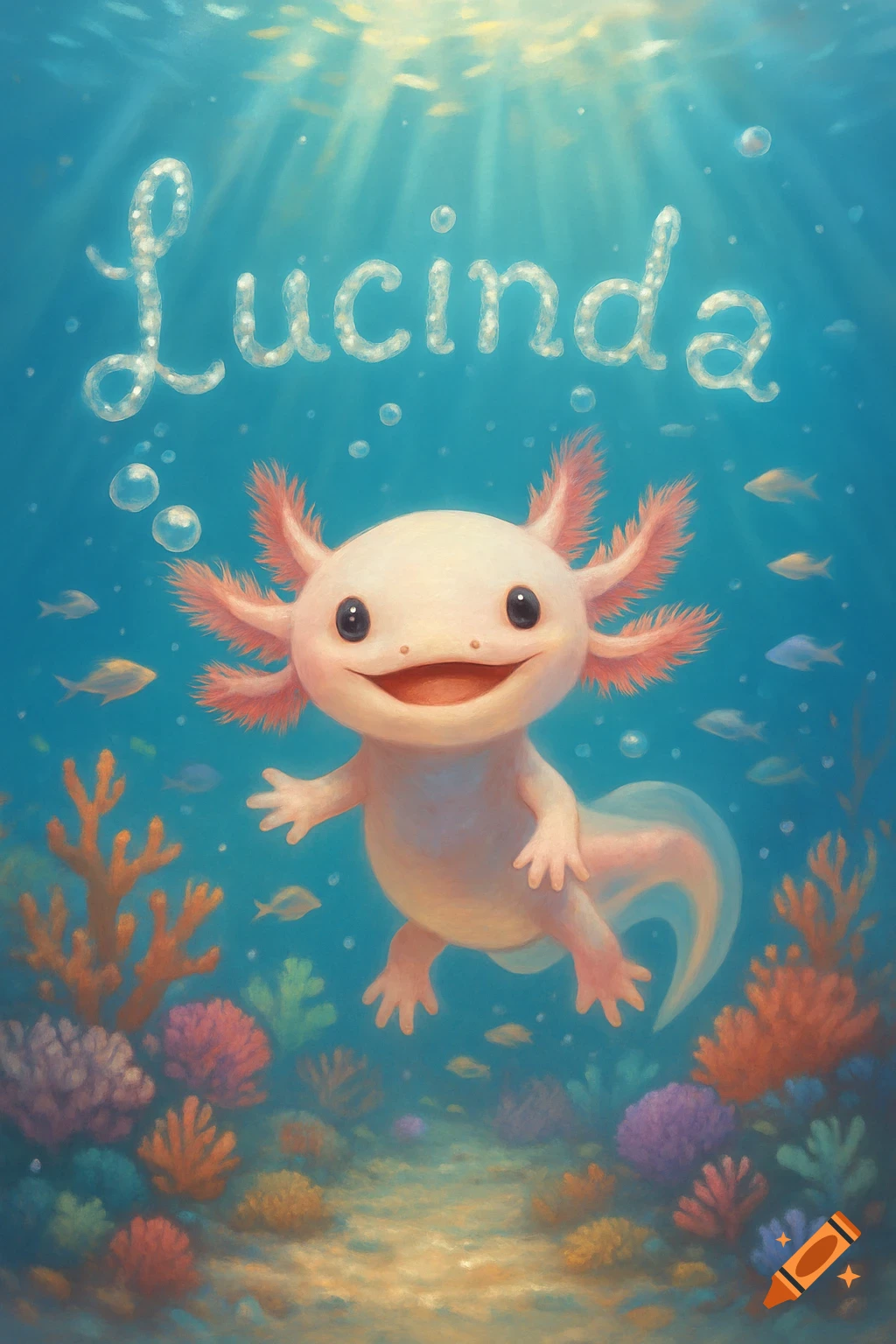 A cute, smiling axolotl swims underwater among coral and fish, with 'Lucinda' spelled in bubbles above it in an illustrated style.