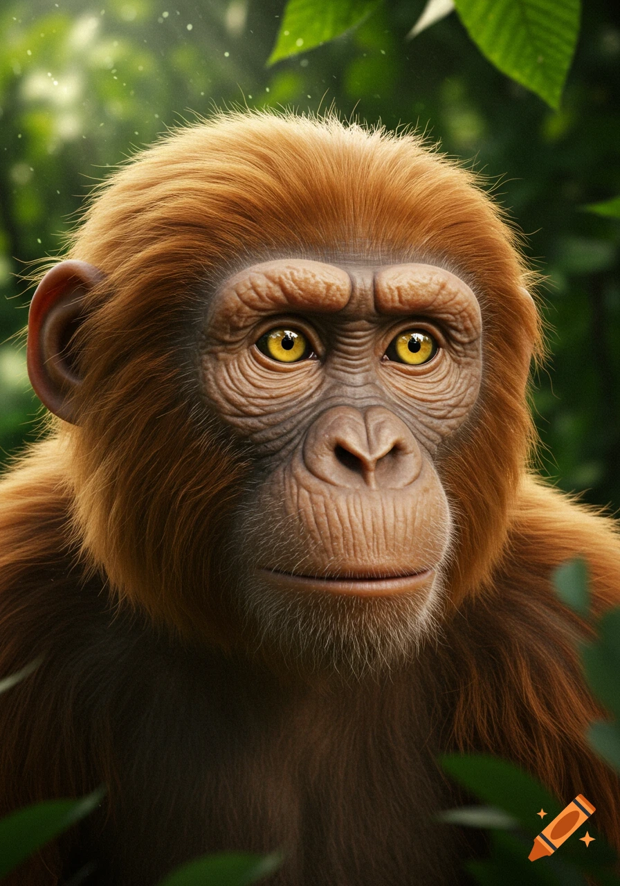 A detailed portrait of an ape-like creature with reddish-brown fur and striking yellow eyes, set in a lush green jungle.