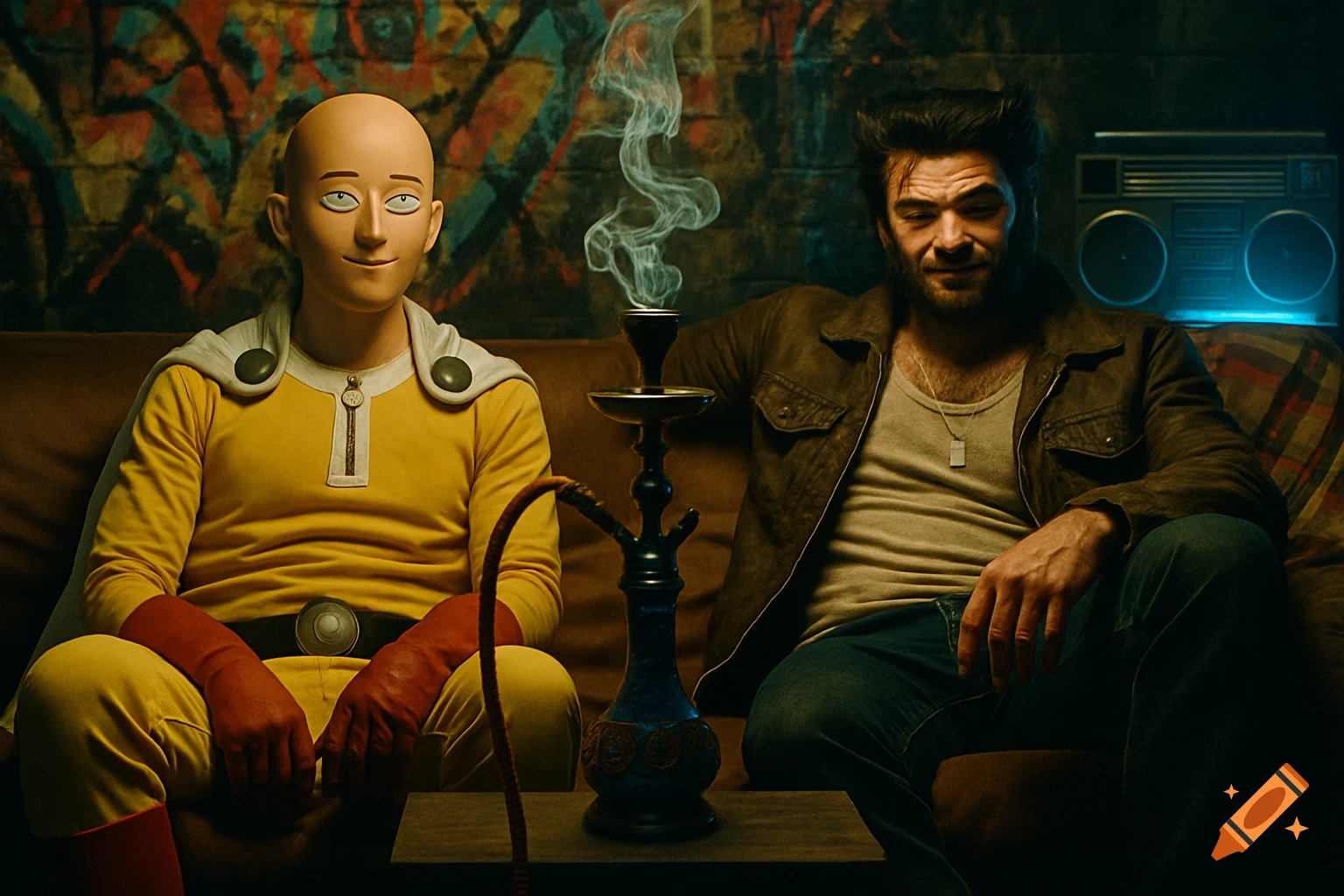 Photorealistic scene of a bald hero and a rugged man sitting on a sofa with a hookah, against a graffiti wall and a glowing boombox.