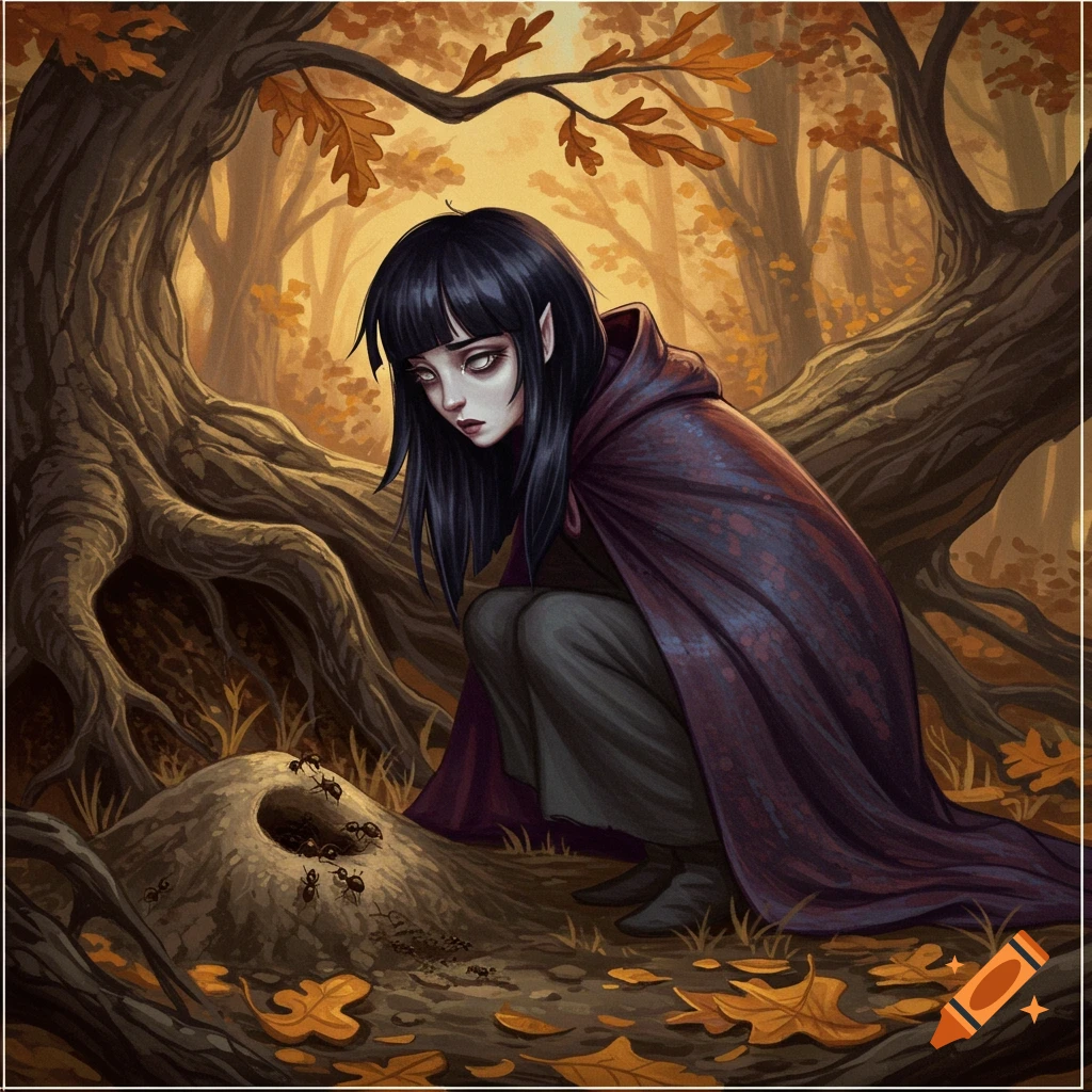 A pale, dark-haired character in a purple cloak crouches in an autumnal forest, intently watching an anthill.
