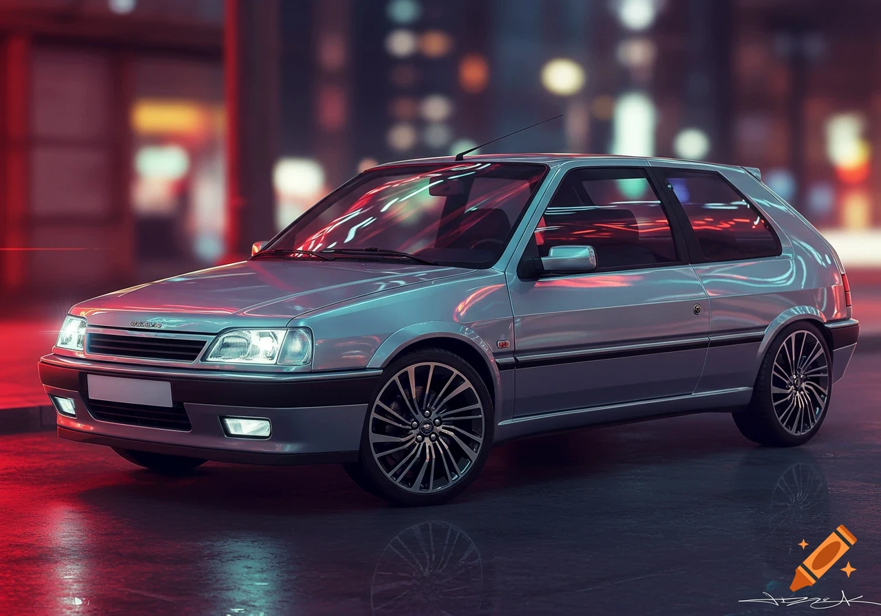 A silver car, resembling an older model hatchback, parked on a wet street at night. Neon reflections in red and blue illuminate the car's body and the wet ground, with blurred city lights in the background.