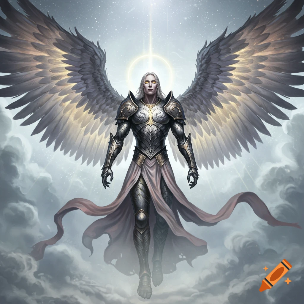 A powerful angel with vast, detailed wings, ethereal armor, and an intense gaze, radiating divine energy amidst clouds.