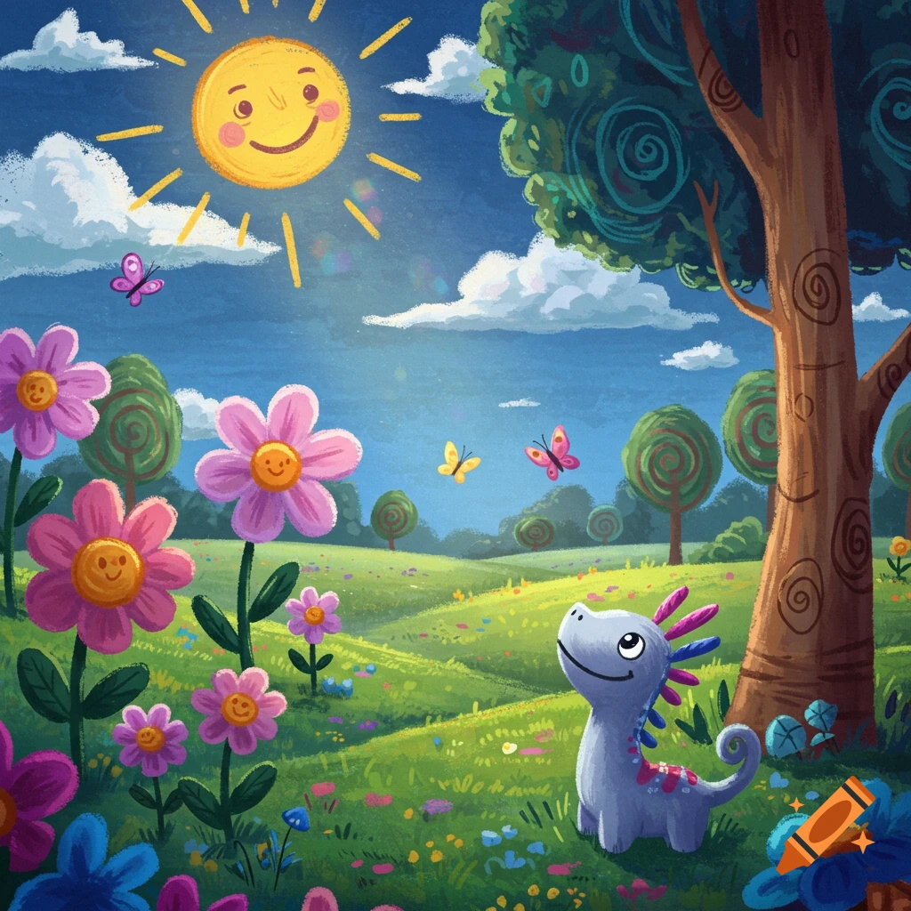 Cute cartoon axolotl in a vibrant, sunny meadow with smiling flowers, butterflies, and a happy sun. Illustration.