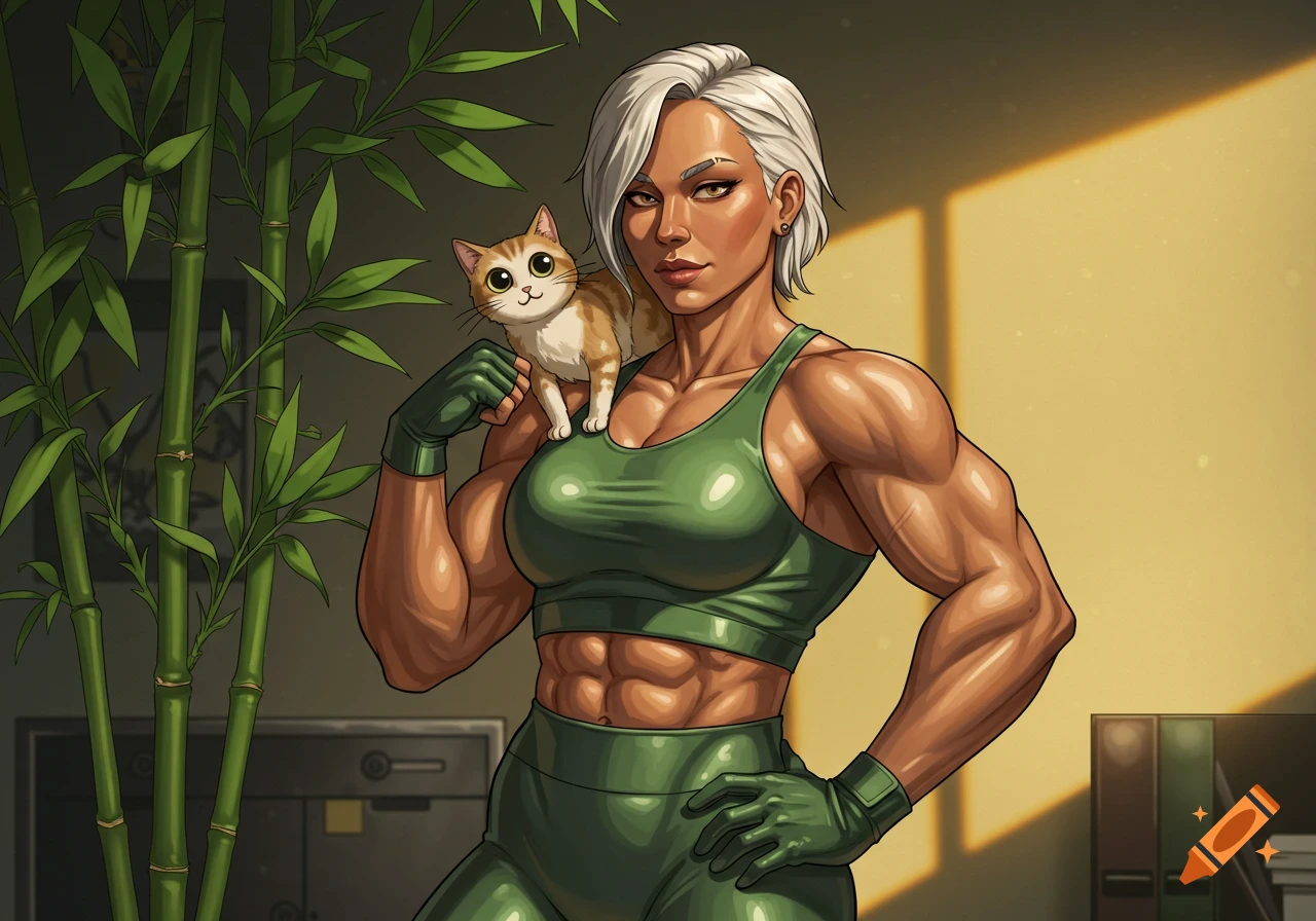 Stylized illustration of a muscular woman in a green sports outfit with a small, cute cat on her shoulder, next to bamboo plants.