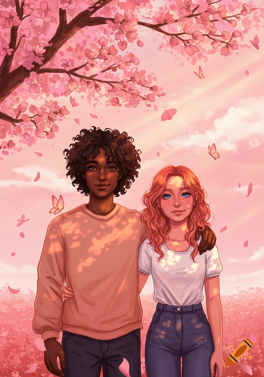 Digital illustration of a diverse young couple standing under a pink cherry blossom tree with falling petals and butterflies.