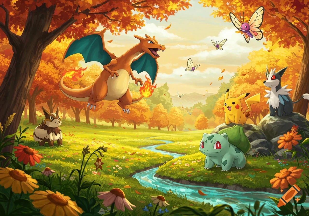 Charizard flies above Pikachu, Bulbasaur, and other Pokémon in a vibrant autumnal forest with a stream.