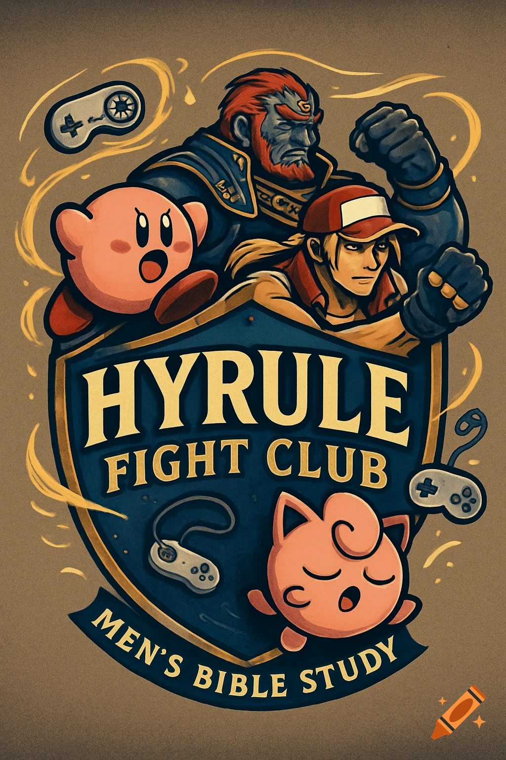 Stylized logo with Kirby, Ganondorf, Terry, and Jigglypuff around a shield reading "Hyrule Fight Club Men's Bible Study".