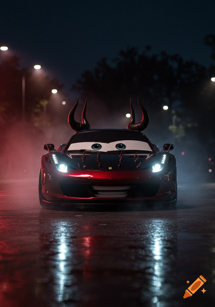 A dark red Ferrari 458 Italia GT3 car styled as a "Cars" character with blue eyes, horns, and spikes, on a wet street at night under streetlights with red mist.