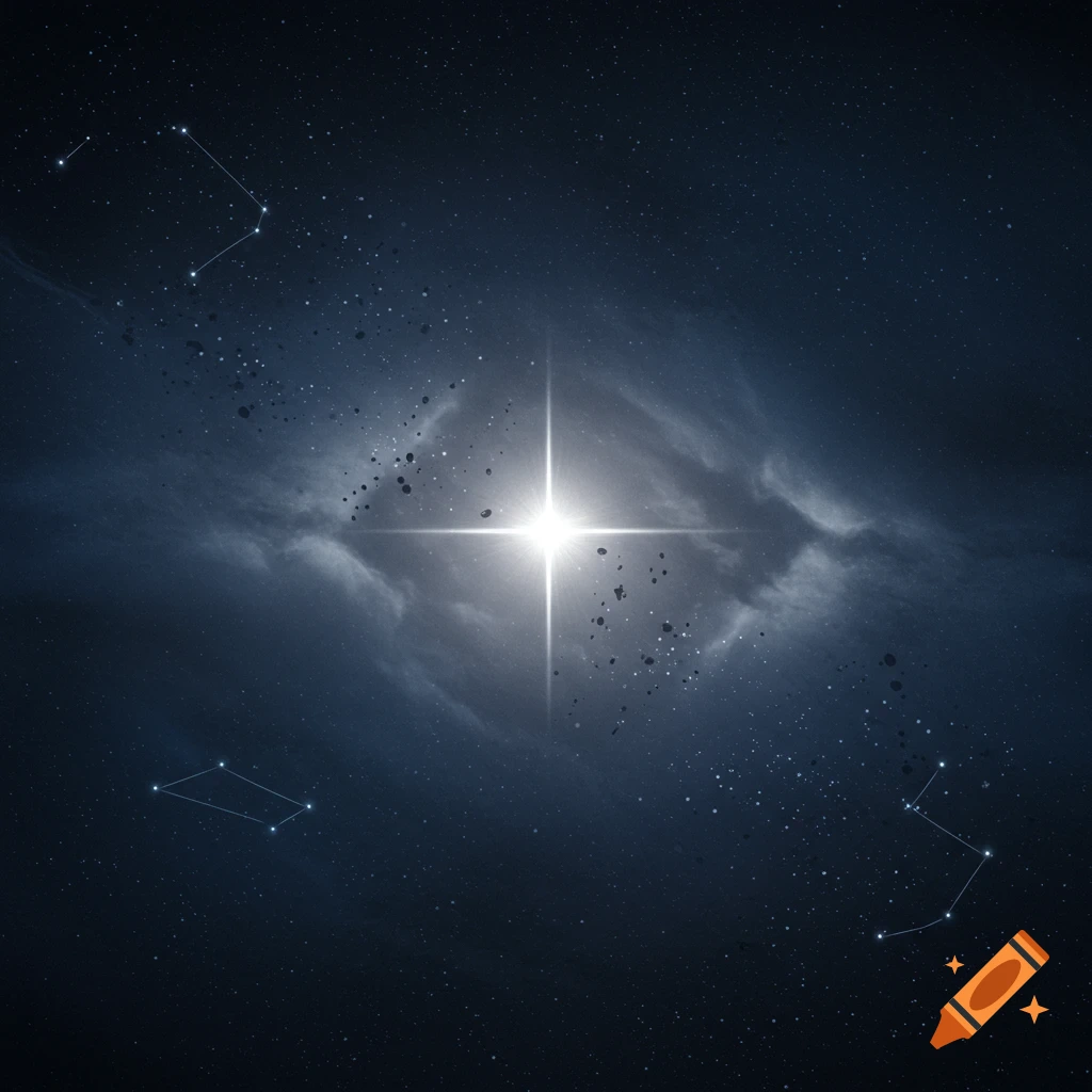 A radiant white star bursts from a cosmic nebula in a dark blue starry sky, surrounded by faint constellations.