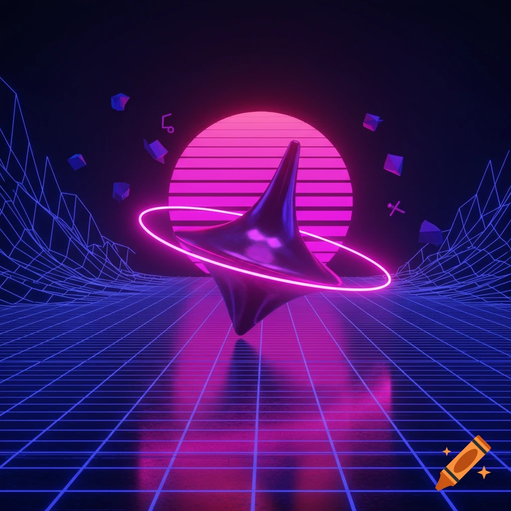 Metallic spinning top with a pink neon ring floats above a blue grid, set against a dark synthwave background with a pink sunset.