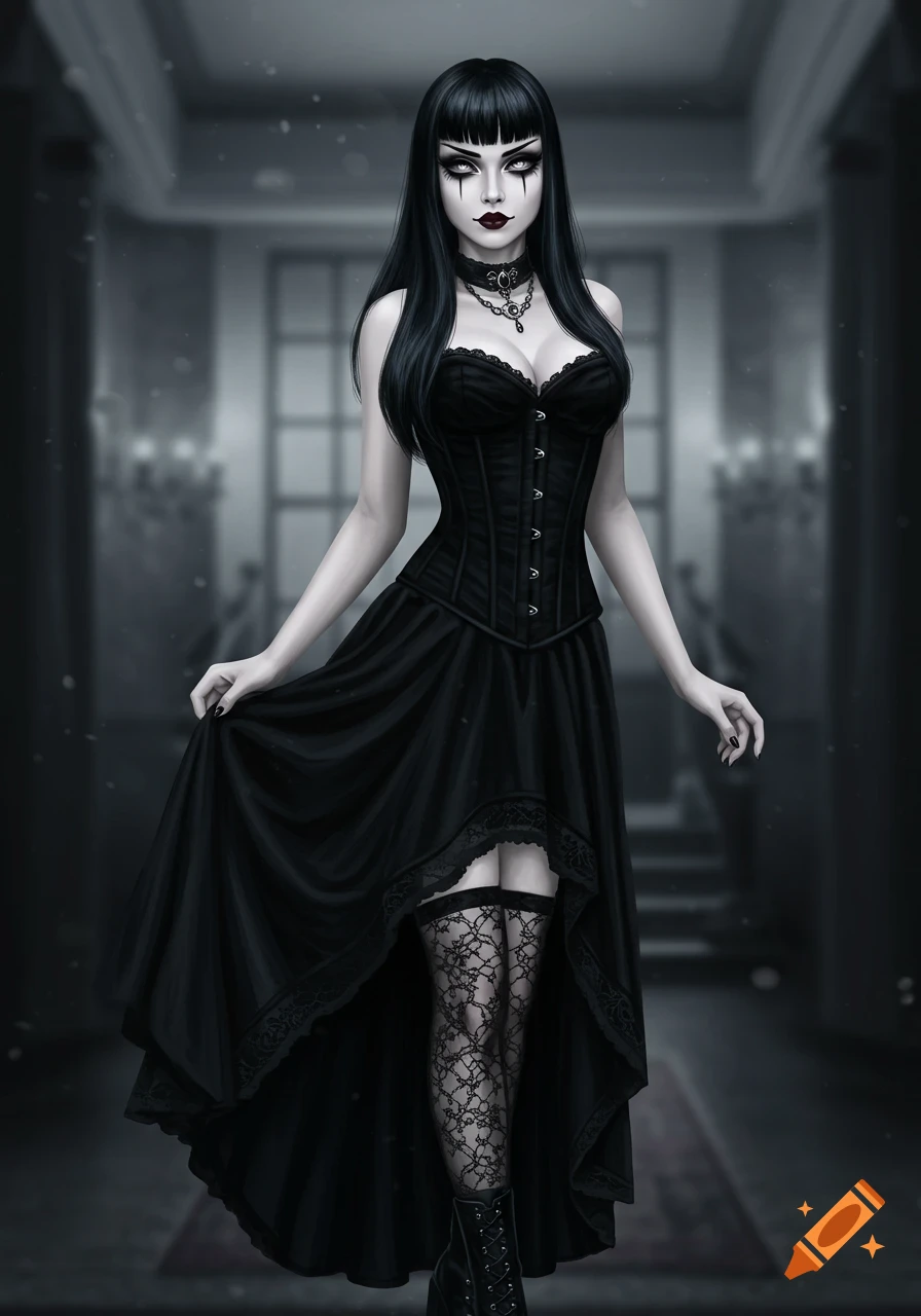A goth girl with pale skin, white face paint, black eyeliner, and long black hair, wearing a black corset, skirt, and fishnet stockings in a dark hallway.