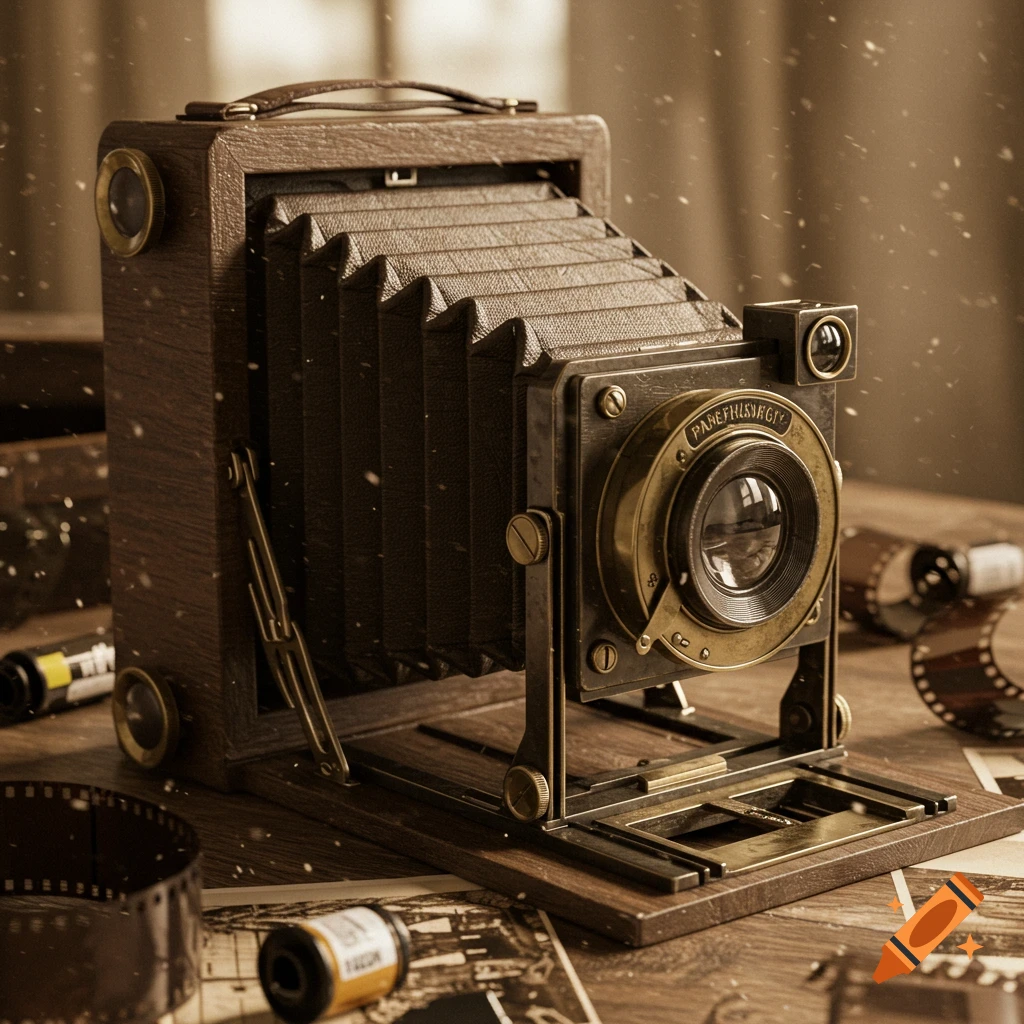 Photorealistic close-up of a vintage wooden and brass folding camera on a table with film rolls and old photos, atmospheric dust.