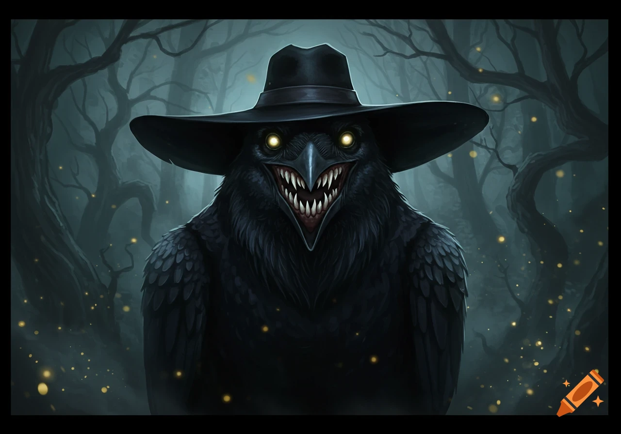 A menacing black raven-like creature with sharp teeth, glowing yellow eyes, and a wide-brimmed black hat in a dark, misty forest.