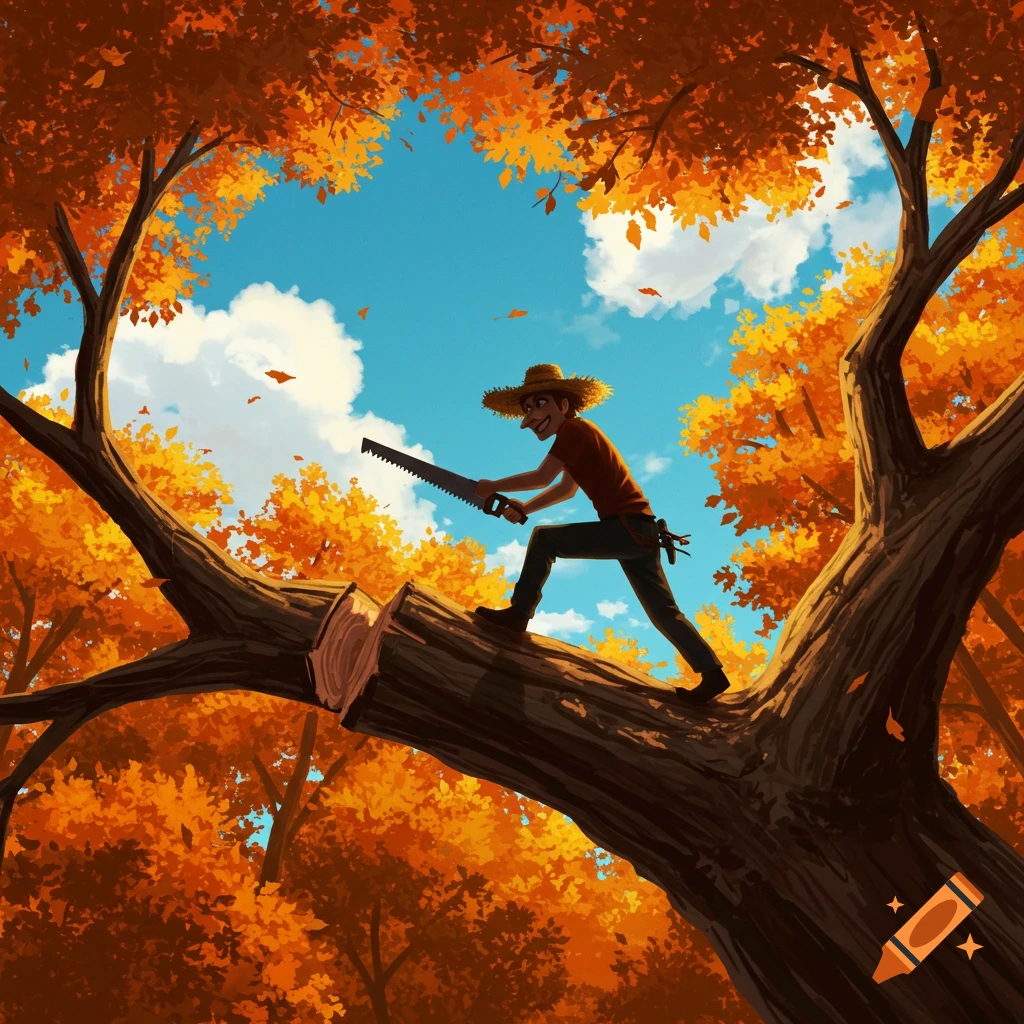 Cartoon man in a straw hat sitting on a tree branch, sawing it off, surrounded by vibrant orange autumn leaves under a blue sky.