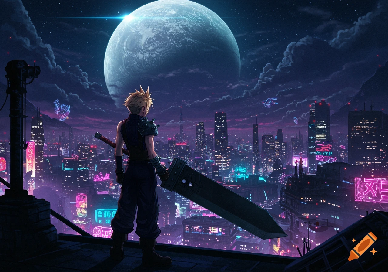 Cloud Strife overlooks a neon-lit cyberpunk city under a massive moon in a detailed anime style.