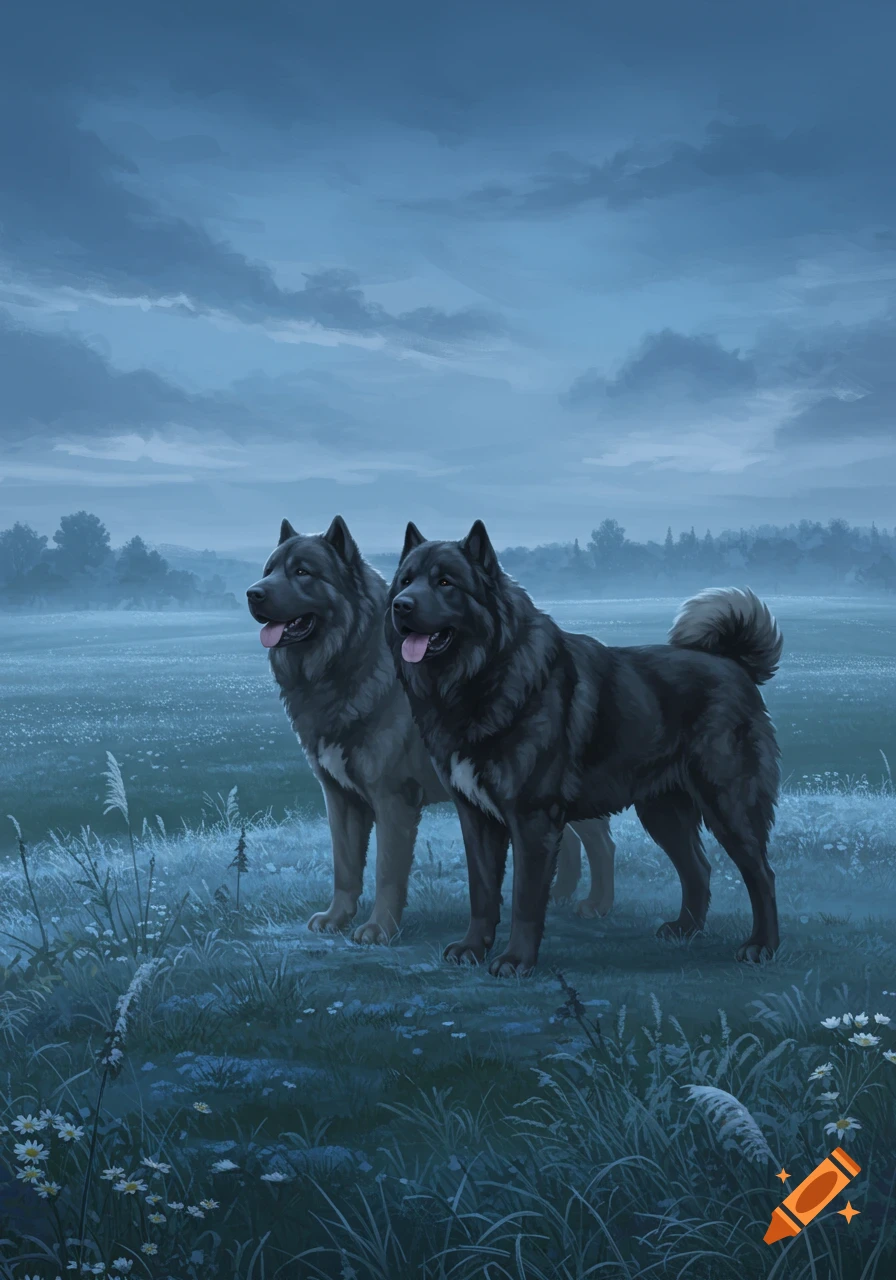 Two large dark dogs with their tongues out stand in a blue-hued grassy field under a cloudy sky.