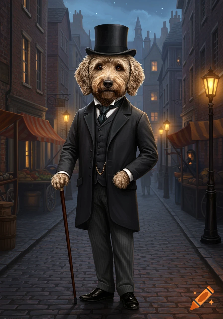 An anthropomorphic labradoodle in a top hat and suit holds a cane on a gas-lit Victorian cobblestone street at night.