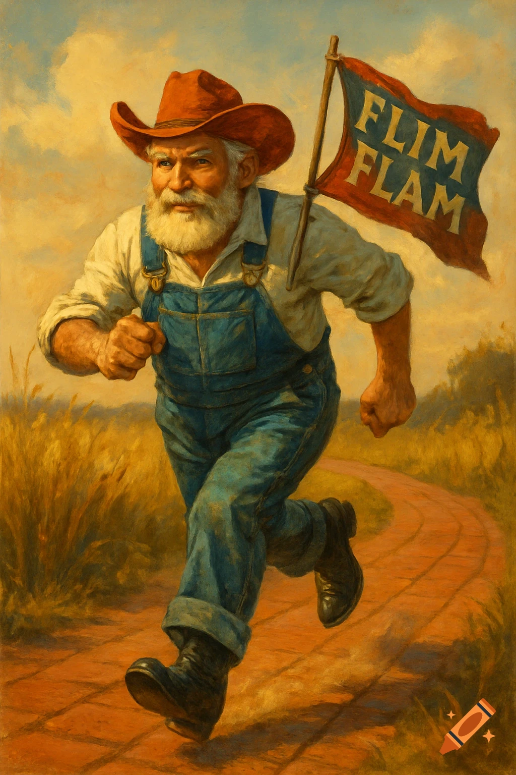 An old farmer with a white beard, red cowboy hat, and blue overalls runs on a brick path, holding a red and blue flag with "FLIM FLAM" in a painterly style.