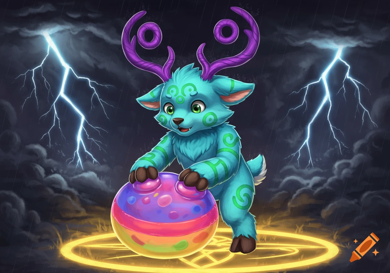 A cute cyan cervid creature with purple antlers and green tribal marks stands on a glowing summoning platform in a thunderstorm, touching a colorful ball.