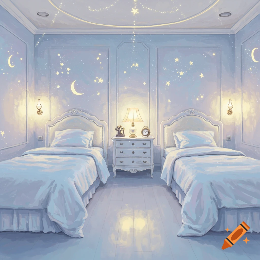 A serene bedroom with two white beds, light blue walls adorned with glowing moons and stars, and warm lamplight.