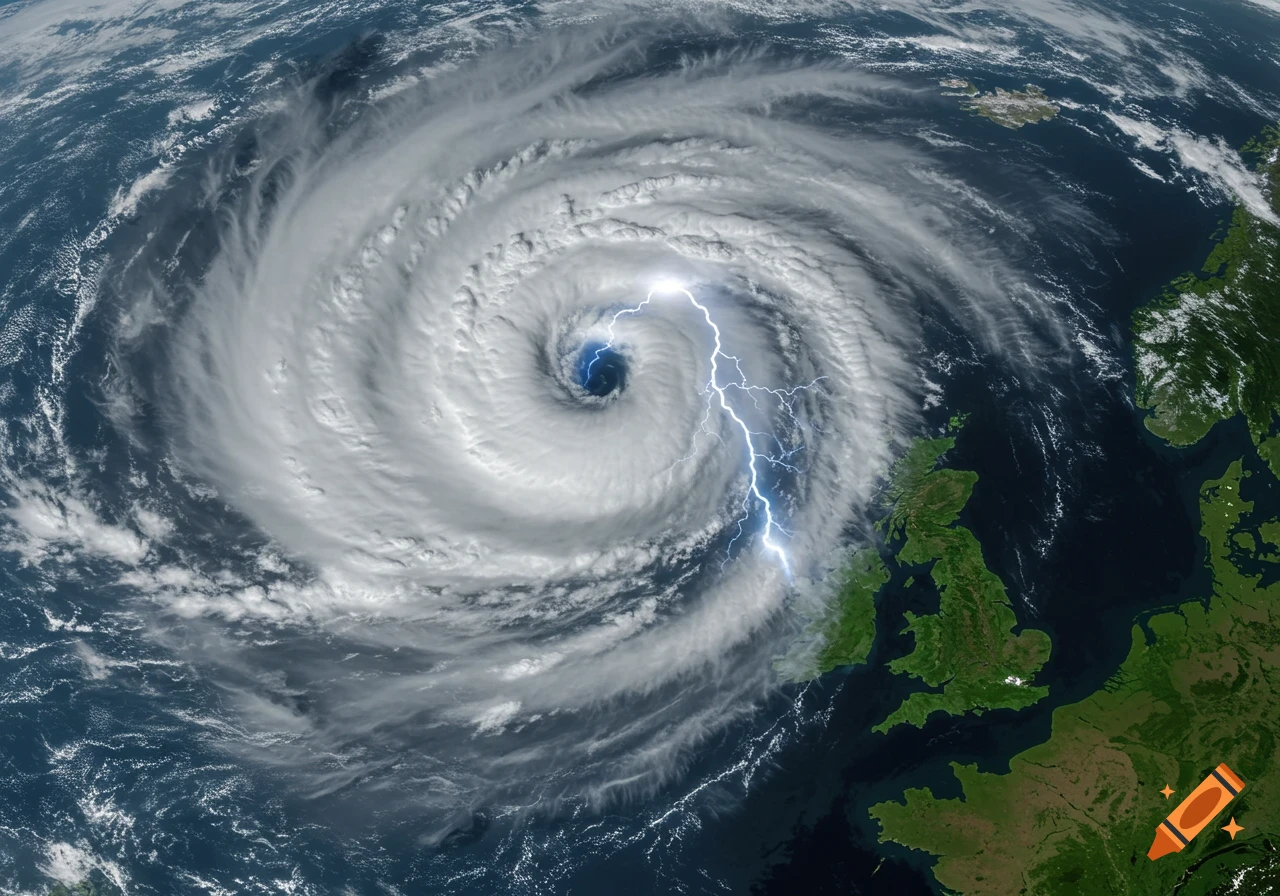 Photorealistic satellite view of a massive hurricane with a lightning strike over the ocean near Great Britain.
