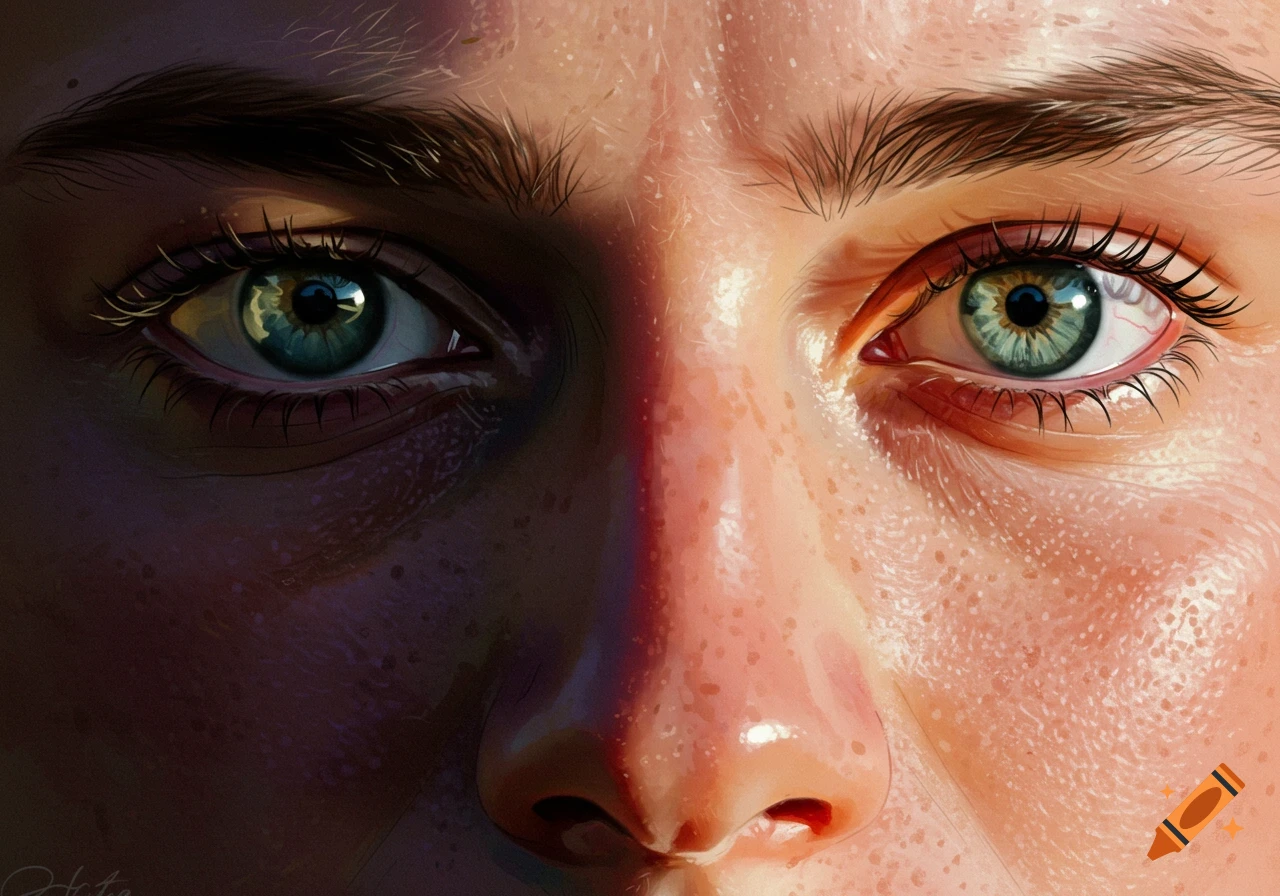 A close-up, highly detailed digital painting of human eyes and nose, with fair skin, freckles, and light green eyes. The face is brightly lit on the right side and shadowed on the left, emphasizing expression.