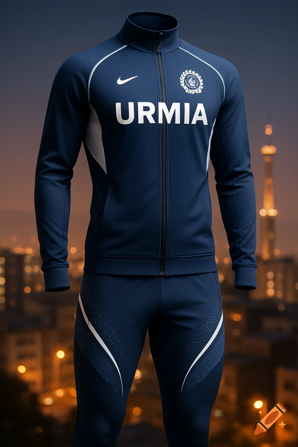 A dark blue tracksuit featuring "URMIA" text, a Nike swoosh, and a university logo, set against a blurred city skyline.