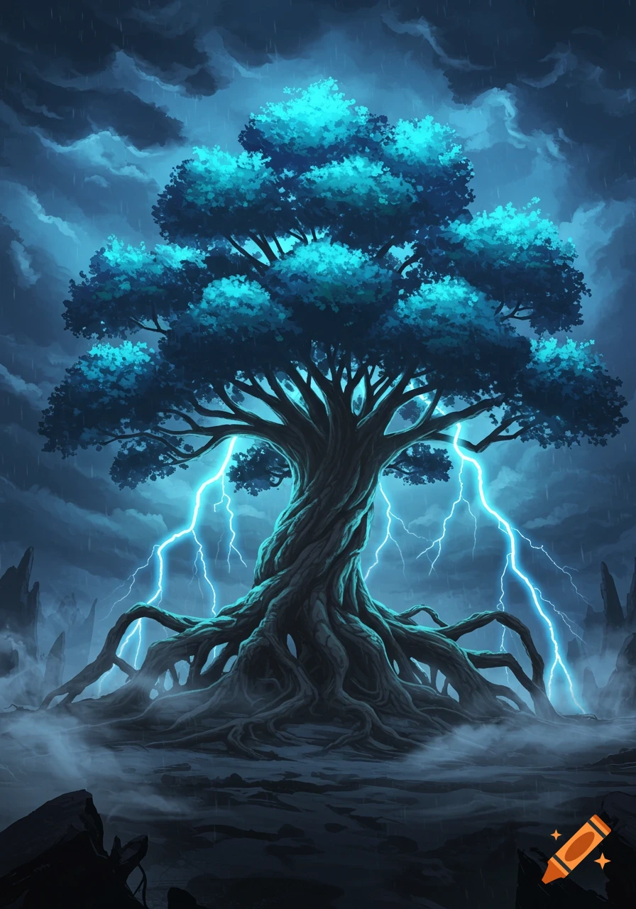 A dramatic illustration of a mystical tree with glowing blue leaves struck by lightning during a dark storm.
