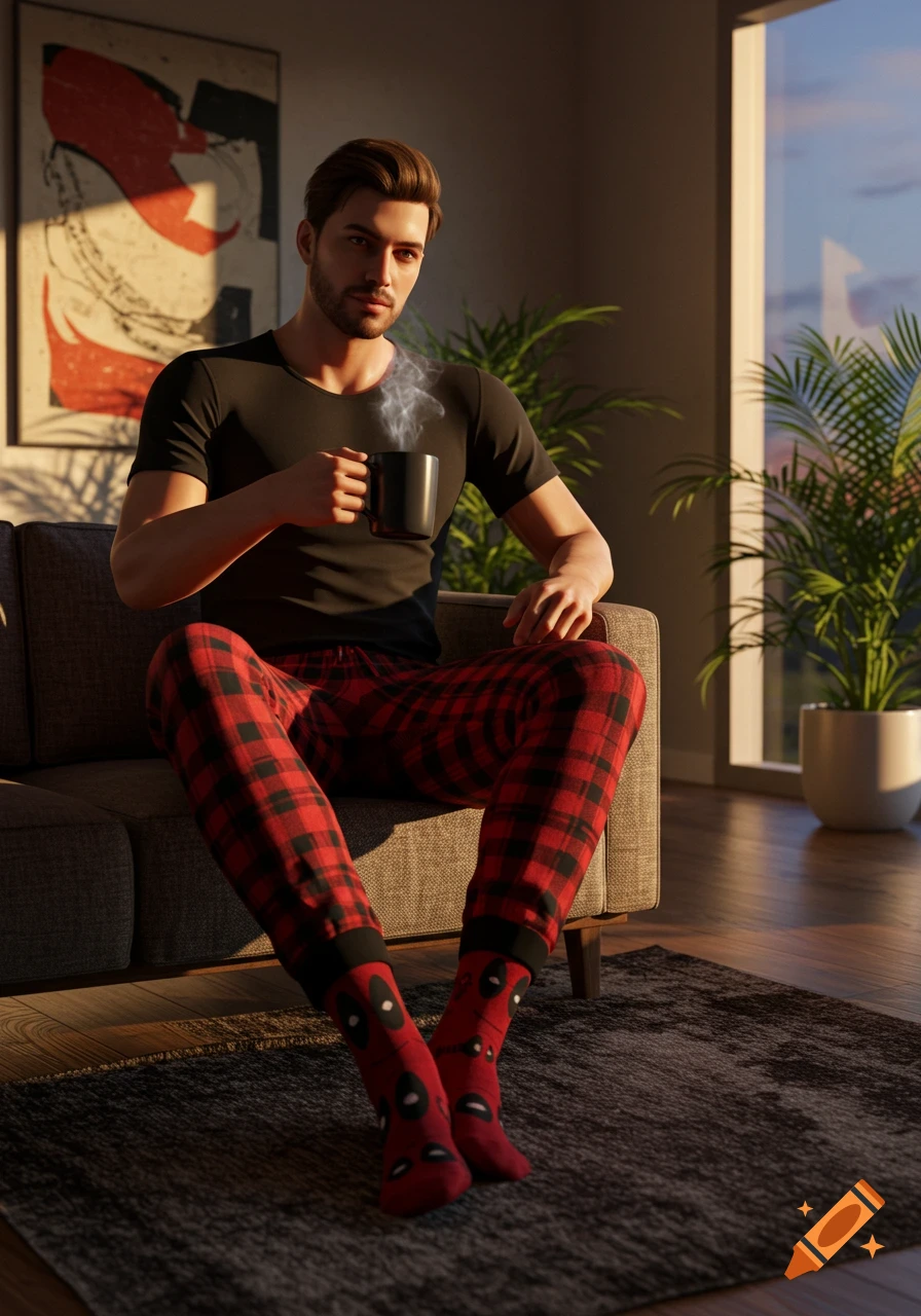A photorealistic man in a black t-shirt and red plaid pajamas sits on a couch, holding a steaming mug in a sunlit room.