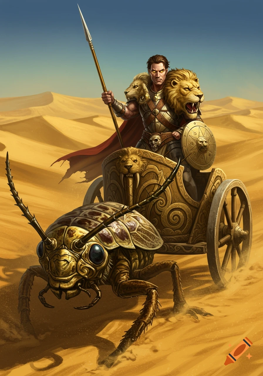 A fantasy warrior in lion-hide armor holds a spear while riding a golden chariot pulled by a massive bug-lizard hybrid through a sandy desert.