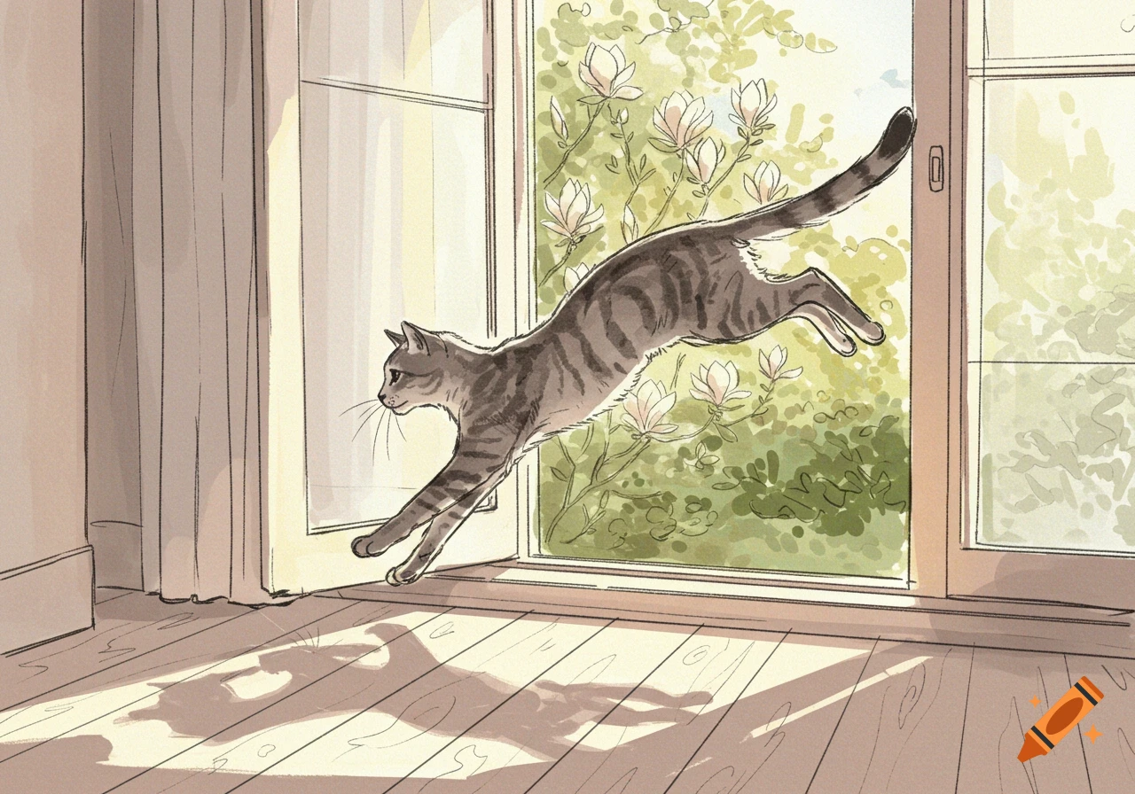 An illustrated tabby cat leaps through an open window from a sunlit wooden floor to a garden with magnolia flowers.