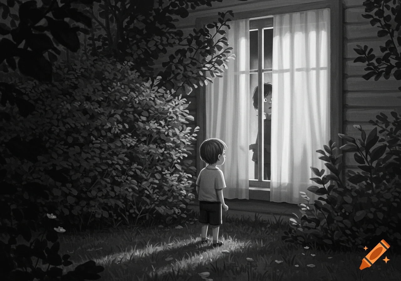 Black and white illustration of a child in a garden, looking at a window where another child peeks out through curtains.
