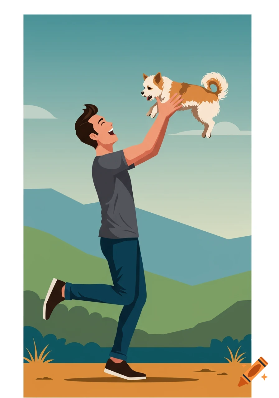 A smiling man in an illustration holds a small dog high in the air outdoors, with mountains in the background.