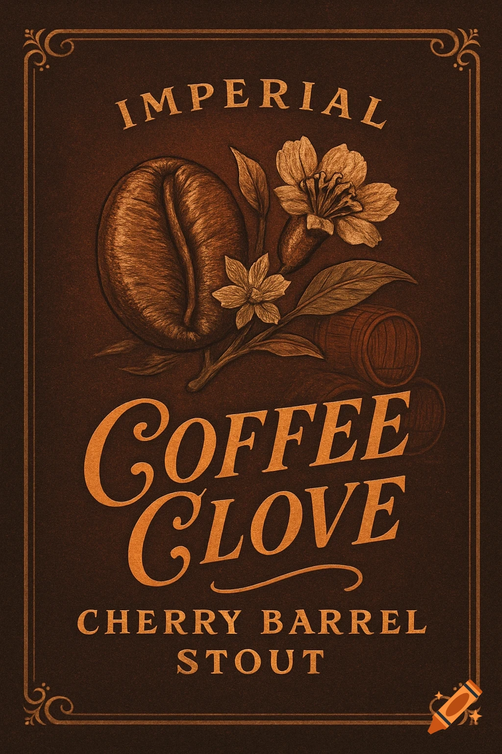 Vintage-style beer label for Imperial Coffee Clove Cherry Barrel Stout, featuring a coffee bean, coffee blossoms, and barrels on a dark brown background.