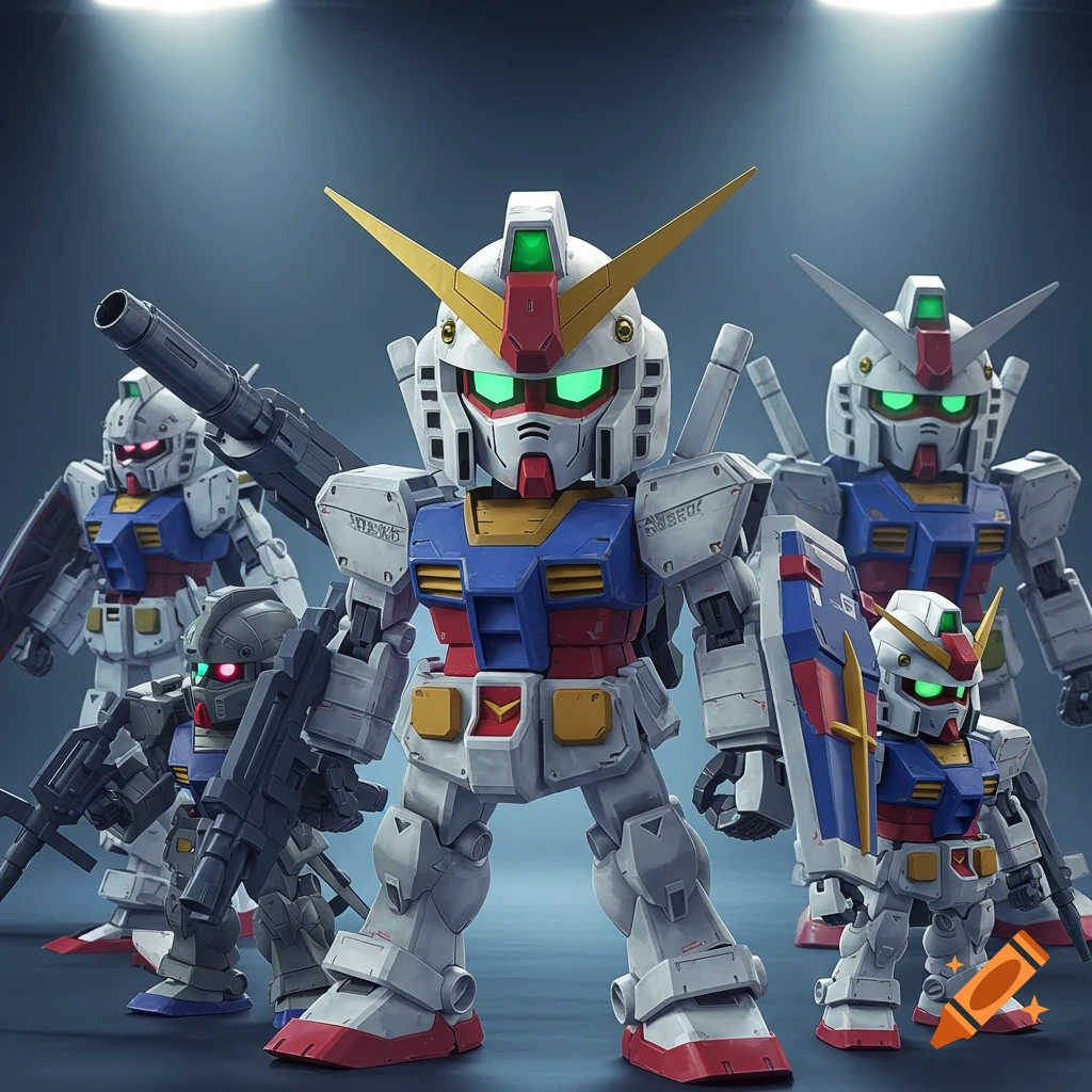 Several detailed, chibi-style Gundam mechs with guns and shields stand under spotlights.
