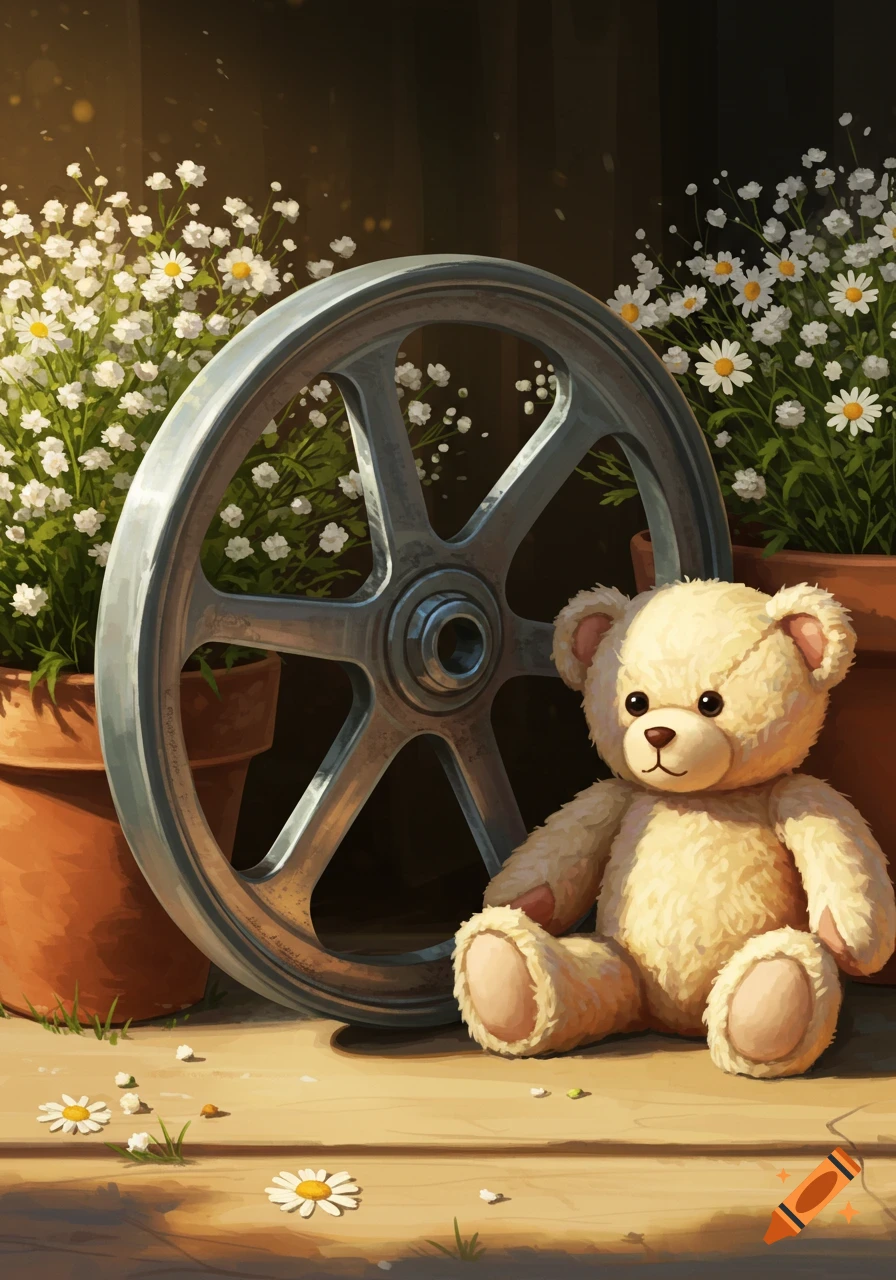 An illustration of a teddy bear sitting next to a metal wheel and potted white daisies, bathed in bright sunlight.